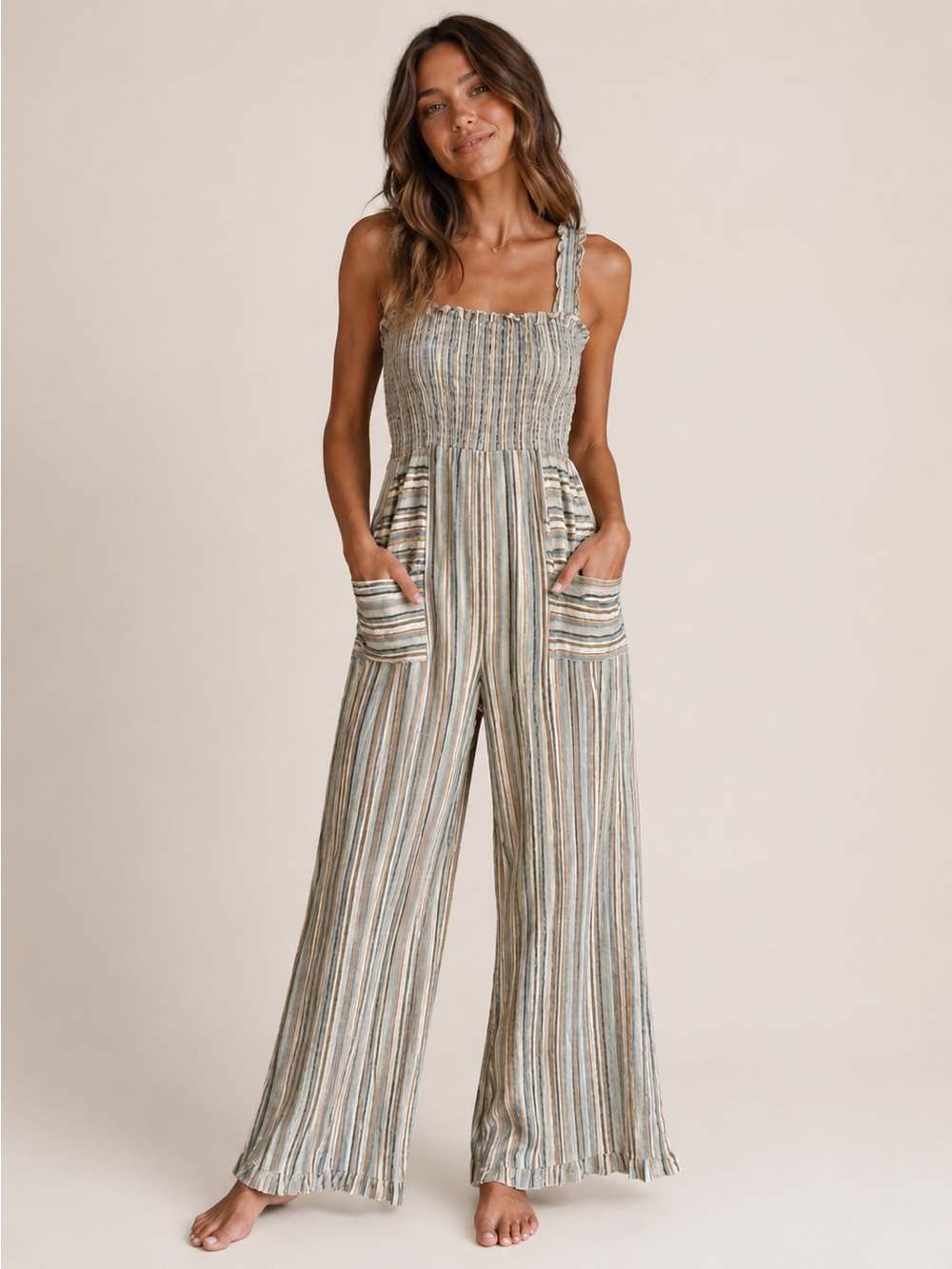 Angie Striped Smocked Wide-Leg Jumpsuit in Multi-Stripe